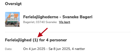 Du kan se nummeret på den lejlighed, du skal bo i, på din reservation – som vist med pilen på skærmbilledet.