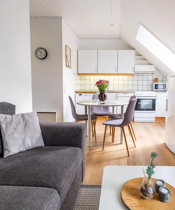 Kombineret opholds- og soverum med køkken og spiseplads i Købmandsgården nr. 5