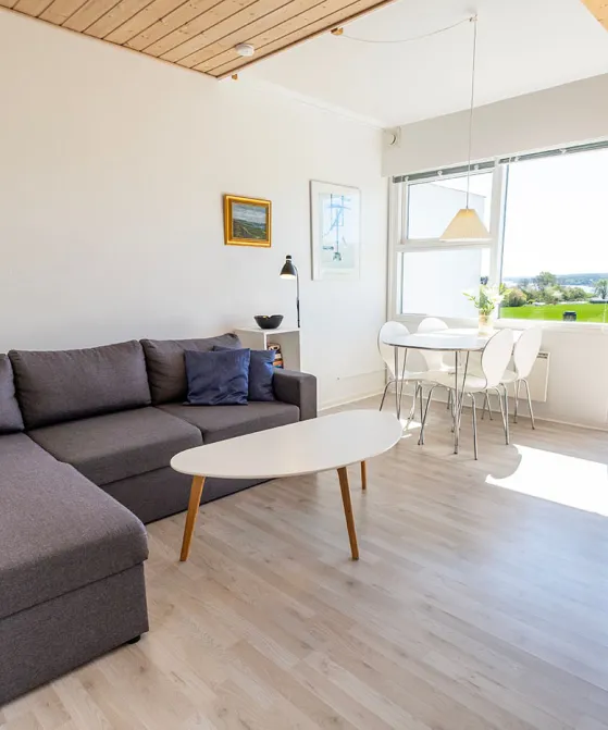 Opholdsrum med direkte udgang til solrig terrasse i Boesvang ferielejlighed nr. 5