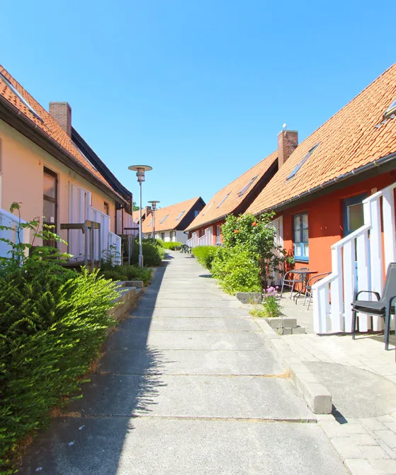 Hyggelige huse i forskellige farver i Gudhjem Feriepark