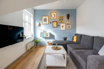 Kombineret opholds- og soverum med tv og sovesofa i Købmandsgården nr. 5