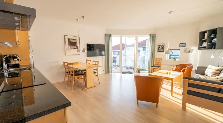 Opholdsrum med køkken, stue og udgang til terrasse i Gudhjem Søpark