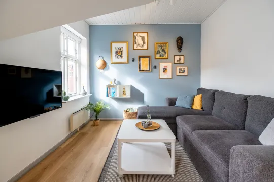 Kombineret opholds- og soverum med tv og sovesofa i Købmandsgården nr. 5