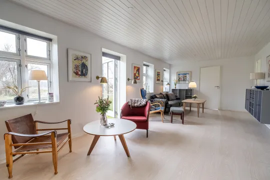 Stor stue med bløde møbler, tv og udgang til have i Odinhus