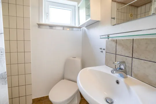 Badeværelse med brus, wc og håndvask i ferielejlighed Gnisten