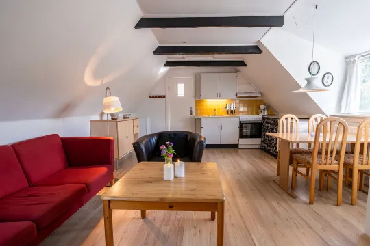 Køkken-alrum med spiseplads, køkken og sofa i Lille Skovholt