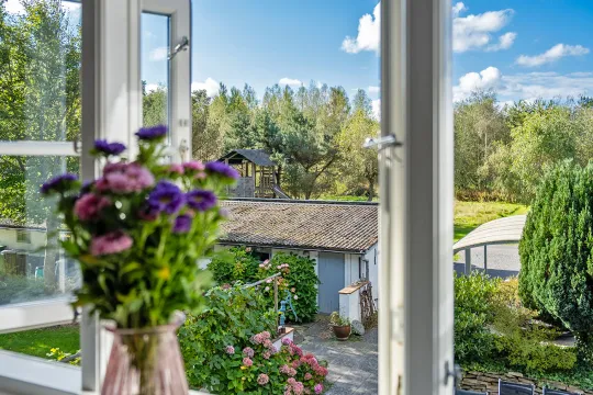 Fantastisk udsigt over omgivelserne fra spisepladsen i Lille Skovholt