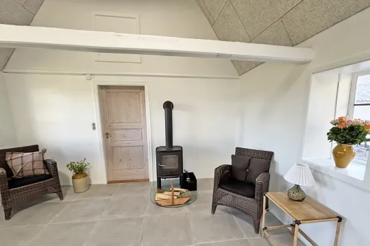 Stue med brændeovn og loft til kip