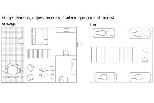 Plantegning over feriehus med stort køkken i Gudhjem Feriepark