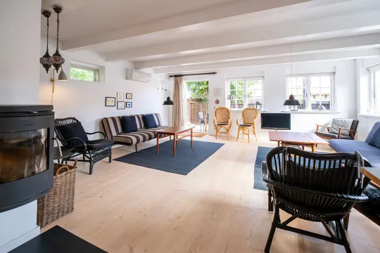 Stor stue med brændeovn og udgang til terrasse og have i Postgadehuset
